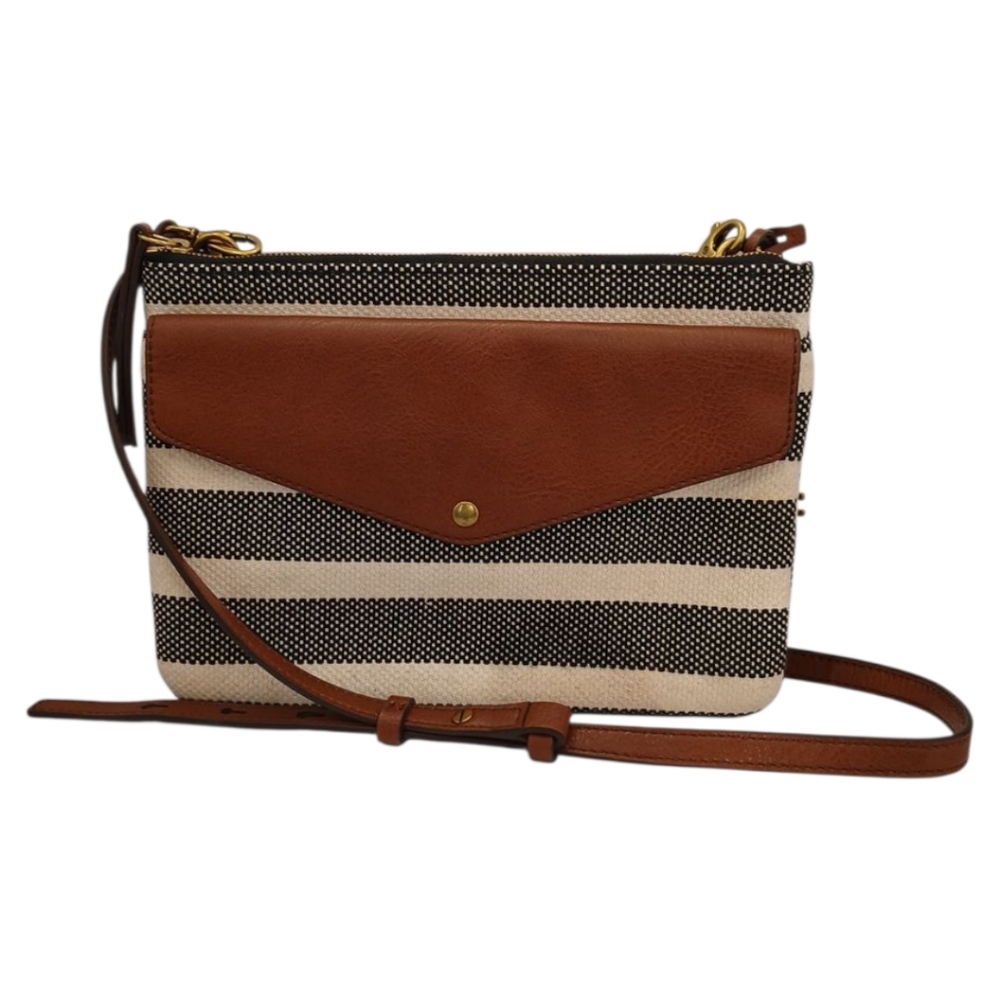 Fossil Devon Crossbody Bag Striped Canvas & Leather Black Cream